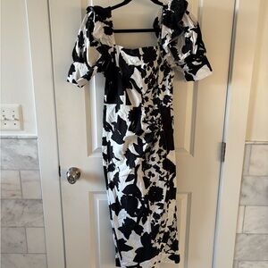 Christopher John Rogers Black and White Floral Midi Dress